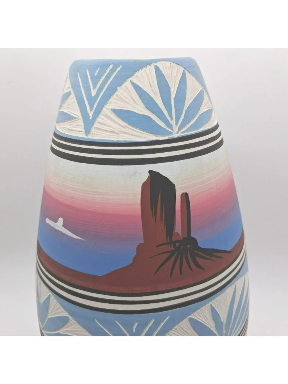 Navajo Pottery Vase Southwest Desert Landscape & Etched Pastel Signed